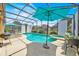 A large, enclosed pool area with a hot tub and a seating area at 233 Cadiz Loop, Davenport, FL 33837
