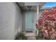 Close up of the front door with a light blue door, neutral walls and vibrant plants at 1821 Geigel Ave, Orlando, FL 32806