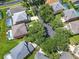 Aerial view highlighting a home, mature trees, street, and backyard pool in a suburban setting at 2705 Grand Harbour Ct, Kissimmee, FL 34747