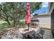 Charming backyard with patio, fire pit, and outdoor dining set near a peaceful pond at 503 Portland Cir, Apopka, FL 32703
