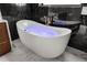 Modern soaking tub with gold fixtures and black marble tile, providing a luxurious spa experience at 7733 Pointe Venezia Dr, Orlando, FL 32836