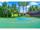 A full-sized basketball court on a sunny day, with trees and well manicured grass surrounding it at 4940 Tennessee Lake Dr, Auburndale, FL 33823