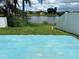 Backyard view featuring a blue patio area and a tranquil pond surrounded by lush greenery at 2149 Mallard Creek Cir, Kissimmee, FL 34743
