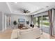 Comfortable living room with a tray ceiling, ceiling fan, and sliding glass door to the backyard at 2781 Sand Oak Loop, Apopka, FL 32712