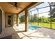 A screened-in patio with a cozy splash pool and view of the landscaped backyard at 922 Suffolk Pl, Davenport, FL 33896