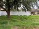 View of the backyard with a large tree, privacy fence, and overgrown grass at 13252 Vennetta Way, Windermere, FL 34786