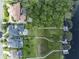An aerial view showcases several waterfront homes with pools, docks, and lush landscaping at 1741 Edgewater Dr, Mount Dora, FL 32757