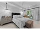 Comfortable bedroom featuring white linens, chandeliers, herringbone patterned furniture, and sliding glass doors at 2781 Stanfield Ave, Orlando, FL 32814