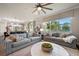 Inviting living room with large windows, comfortable sofas, and seamless flow into the dining area at 4316 Foggy Oak Ln, Sanford, FL 32773