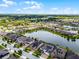 Aerial view of community homes next to the water with solar panels at 5029 Hartwell Ct, St Cloud, FL 34771