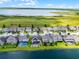 Lovely aerial view of homes with pools by the lake, accented with manicured lawns at 5029 Hartwell Ct, St Cloud, FL 34771