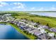 Overhead view showcases homes by a lake, complemented by green spaces and bright blue skies at 5029 Hartwell Ct, St Cloud, FL 34771