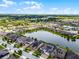 High-angle view displays homes around a lake, highlighted by mature trees and manicured lawns at 5029 Hartwell Ct, St Cloud, FL 34771