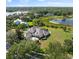An aerial view displays a charming home with pool, spacious lawn, screened-in porch and lakeside views at 13025 Lake Roper Ct, Windermere, FL 34786