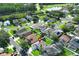 An aerial view showcasing a neighborhood with well-maintained homes, lush landscaping, and a community golf course at 14130 Leicester Ln, Orlando, FL 32828