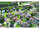 An aerial view showcasing a neighborhood with well-maintained homes, lush landscaping, and a community golf course at 14130 Leicester Ln, Orlando, FL 32828