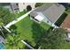 A well-maintained backyard featuring a large, grassy area and a screened-in patio at 14130 Leicester Ln, Orlando, FL 32828