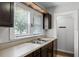 Practical kitchen featuring neutral countertops, wood-finish cabinets, and natural light from the windows at 25 E Pinecrest Ave, Eustis, FL 32726