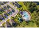 Overhead view of a neighborhood pool with cabanas, parking, and picnic area at 2596 Penguin Blvd, Davenport, FL 33837