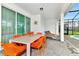 Charming outdoor dining area with a table, seating, and a view of the screened-in pool for entertainment at 4021 Lana Ave, Davenport, FL 33897