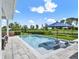 Sparkling swimming pool with built-in loungers and an umbrella, surrounded by lush greenery and a well-kept yard at 6905 Cucamelon Ct, Windermere, FL 34786