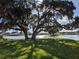 Lakefront view of homes with lush green grass and gorgeous large trees at 744 Barron Pl, The Villages, FL 32163