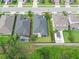 Aerial view of a single-Gathering home with a well-maintained lawn, dark roof, and a backyard patio space at 17860 Passionflower Cir, Clermont, FL 34714