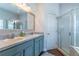 Bathroom with double sinks, gray cabinets, and a walk-in shower at 2031 Gloria Oak Ct, Orlando, FL 32820