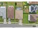 Birds-eye view of neighborhood featuring homes with manicured lawns, pools, brick patio, and driveways at 328 Fairfield Dr, Sanford, FL 32771