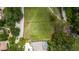 Overhead aerial view of a large homesite surrounded by greenery, close to a community pool, in a golf community at 9517 San Fernando Ct, Howey In The Hills, FL 34737