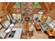 Expansive view of the living room with stone fireplace, vaulted ceilings, dining area, and open kitchen at 187 N Samsula Dr, New Smyrna Beach, FL 32168