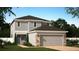 Two-story home with a two-car garage, stone accents, manicured lawn, and a charming, light-gray facade at 406 Cool Summer Ln, Davenport, FL 33837