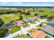 Aerial view of a light blue home with green lawn, surrounded by other homes in the neighborhood at 141 Winsor Ave, Davenport, FL 33837