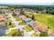 Aerial view of a light blue home in a friendly neighborhood with well-manicured lawns and tree-lined streets at 141 Winsor Ave, Davenport, FL 33837