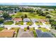 Aerial view of a light blue single-Gathering home surrounded by lush lawns and a quiet neighborhood at 141 Winsor Ave, Davenport, FL 33837