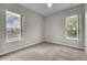 A well lit bedroom with plush carpet, light gray walls, and two large windows at 14342 Fieldstone Lake Way, Orlando, FL 32824