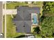 Aerial view of gray roof, screen enclosed pool, green grass and driveway at 645 Macglenross Dr, Oviedo, FL 32765