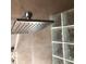 Close up shot of a showerhead and glass block wall at 8647 Black Mesa Dr, Orlando, FL 32829