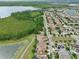 An aerial view displays homes, a pond, walking path, and a streetscape in the neighborhood community at 8752 Lookout Pointe Dr, Windermere, FL 34786