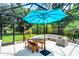 Relax in this screened-in outdoor oasis with a dining set, seating area, and lush greenery at 100 Verde Way, Debary, FL 32713