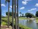 Scenic golf course view featuring a pond, palm trees and lush green surroundings on a sunny day at 643 Cricklewood Ter, Lake Mary, FL 32746