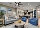 Inviting open-concept living room with a gray sofa, blue chairs, and a view of the kitchen and dining area at 15521 Sandfield Loop, Winter Garden, FL 34787