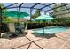 Screened in pool area with patio furniture, lush greenery, and sun umbrellas at 15521 Sandfield Loop, Winter Garden, FL 34787