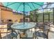 Screened patio with an umbrella table, wicker chairs and a relaxing hot tub, perfect for outdoor gatherings at 2662 Roadster Ln, Kissimmee, FL 34746