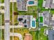 Birds eye view of backyard with pool, solar panels and adjacent properties and landscaping at 317 Benton St, Orlando, FL 32839