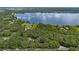 Stunning aerial view of lakefront property with lush trees and a beautiful home and docks at 7838 Sloewood Dr, Mount Dora, FL 32757