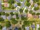 Top-down perspective of a neighborhood featuring neat streets, green spaces, and houses nestled among the trees at 1602 Presidio Dr, Clermont, FL 34711