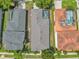 Overhead view of houses with screened pools, well-kept lawns, and lots of greenery in the neighborhood at 7416 Soiree Way, Reunion, FL 34747