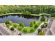 Overhead view of a scenic lake surrounded by walking paths and lush greenery at 1859 Island Village Way, Kissimmee, FL 34747