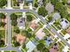 Aerial view showcases a residential neighborhood with well-manicured lawns, swimming pools, and tree-lined streets at 238 Hunt St, Clermont, FL 34711